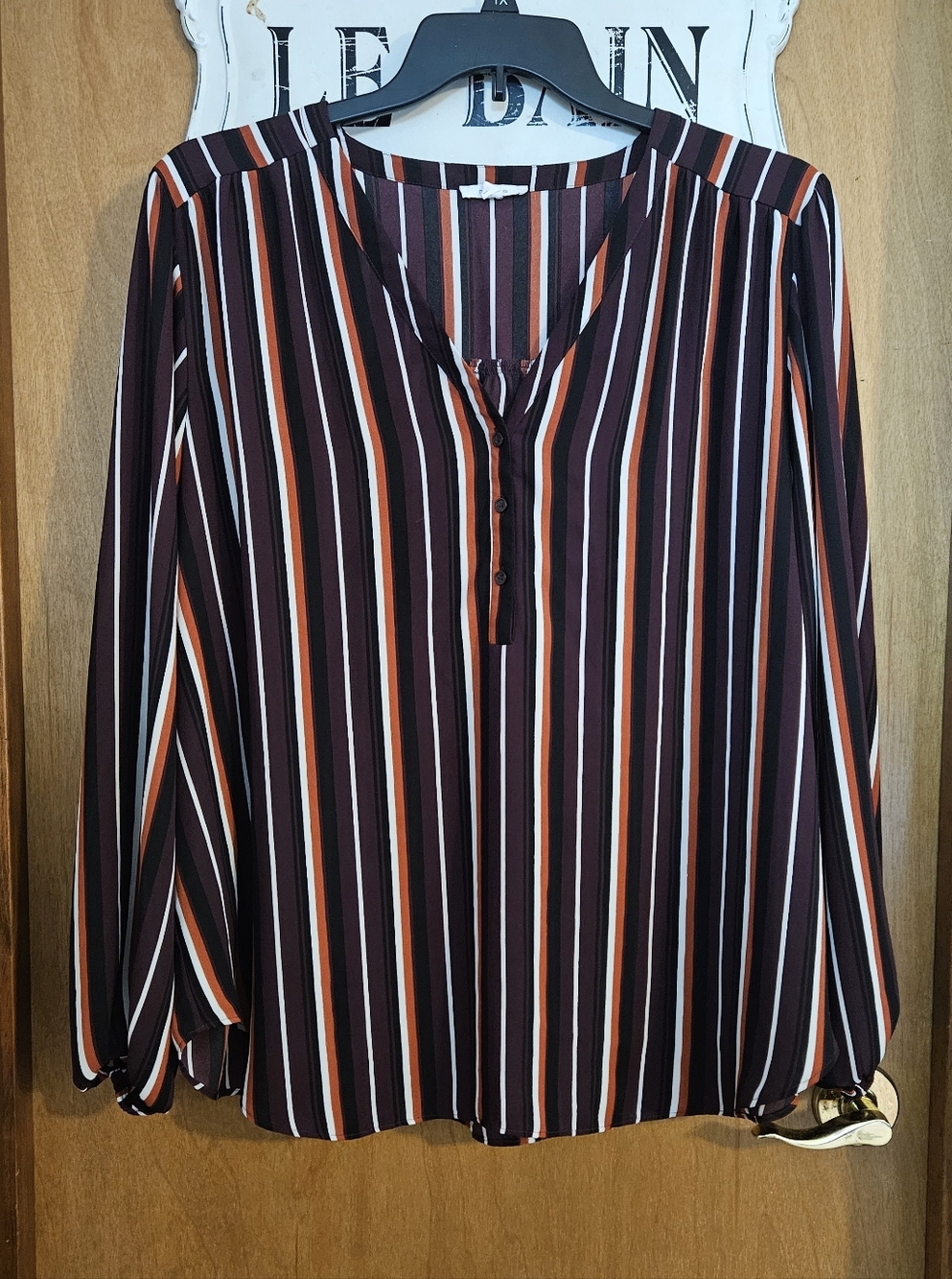Maurices Burgundy, Orange & Cream Striped V-Neck Blouse
